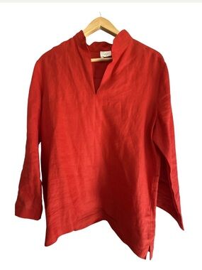 Fiaga Mexico Red Linen V-Neck Tunic Top